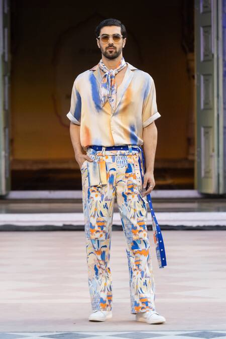 Shop_Mandira Wirk Resort_Multi Color Denim Printed Twill Trouser _Online_at_Aza_Fashions