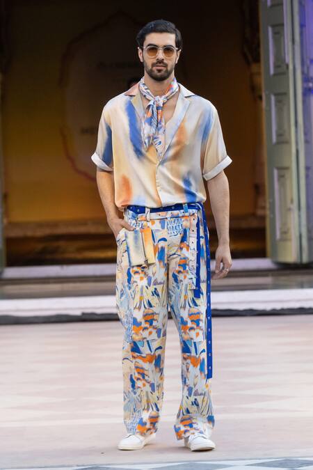 Mandira Wirk Resort_Multi Color Denim Printed Twill Trouser _at_Aza_Fashions