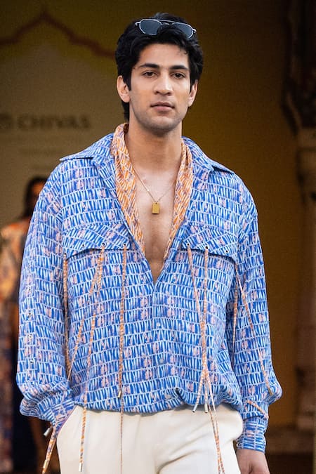 Mandira Wirk Resort Blue Lycra Printed Casual Shirt With Front Pocket Online at Aza Fashions Mandira Wirk Resort_Blue Lycra Printed Casual Shirt With Front Pocket _Online_at_Aza_Fashions