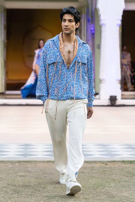 Mandira Wirk Resort Blue Lycra Printed Casual Shirt With Front Pocket at Aza Fashions Mandira Wirk Resort_Blue Lycra Printed Casual Shirt With Front Pocket _at_Aza_Fashions