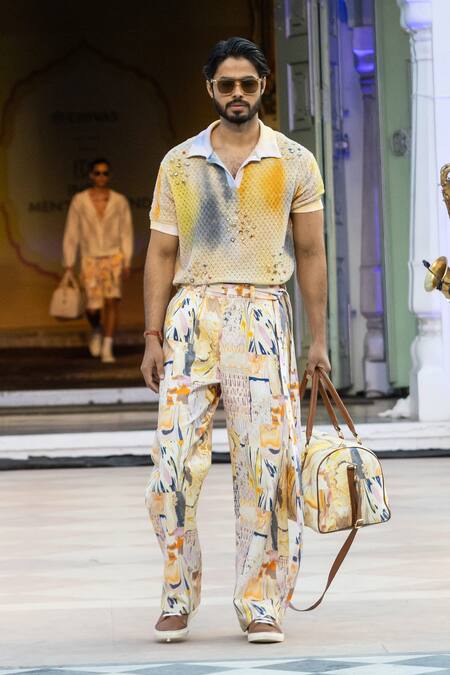 Mandira Wirk Resort Yellow Casual Trousers With Belt Online at Aza Fashions Mandira Wirk Resort_Yellow Casual Trousers With Belt _Online_at_Aza_Fashions