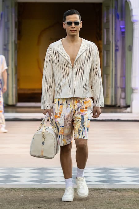 Buy Mandira Wirk Resort Yellow Denim Printed Twill Shorts Online at Aza Fashions Buy_Mandira Wirk Resort_Yellow Denim Printed Twill Shorts _Online_at_Aza_Fashions