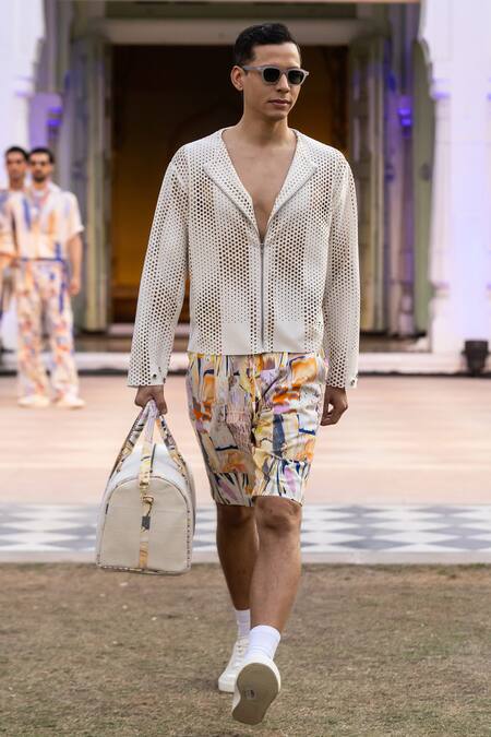 Shop Mandira Wirk Resort Yellow Denim Printed Twill Shorts Online at Aza Fashions Shop_Mandira Wirk Resort_Yellow Denim Printed Twill Shorts _Online_at_Aza_Fashions