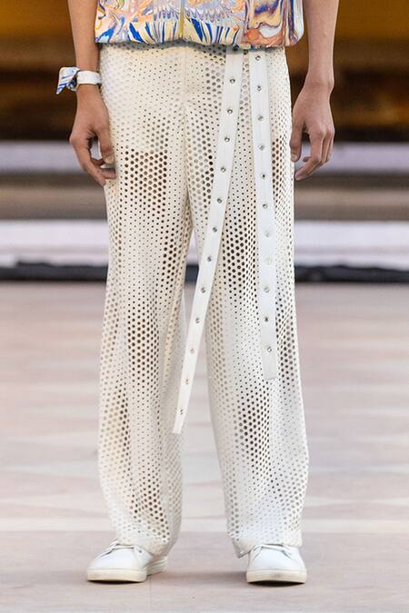 Buy Mandira Wirk Resort Ivory Faux Leather Laser Cut Casual Trousers Online at Aza Fashions Buy_Mandira Wirk Resort_Ivory Faux Leather Laser Cut Casual Trousers _Online_at_Aza_Fashions