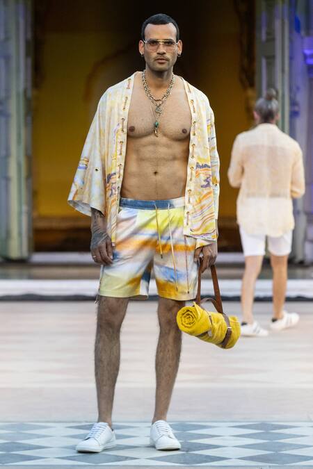 Mandira Wirk Resort_Yellow Cotton Printed Cape And Shorts Set _Online_at_Aza_Fashions