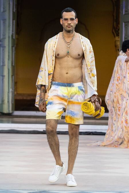 Shop_Mandira Wirk Resort_Yellow Cotton Printed Cape And Shorts Set _Online_at_Aza_Fashions