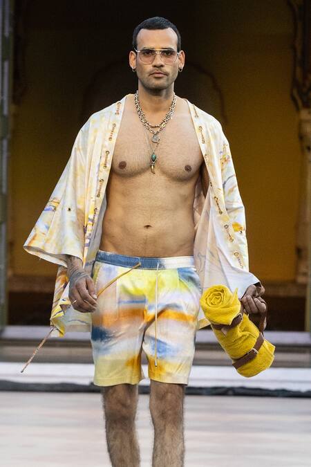 Mandira Wirk Resort_Yellow Cotton Printed Cape And Shorts Set _at_Aza_Fashions