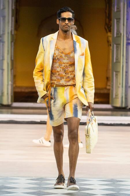 Buy_Mandira Wirk Resort_Yellow Linen Strokes Resort Set _Online_at_Aza_Fashions