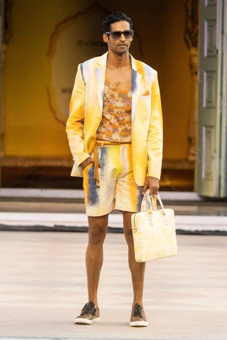 Shop_Mandira Wirk Resort_Yellow Linen Strokes Resort Set _Online_at_Aza_Fashions