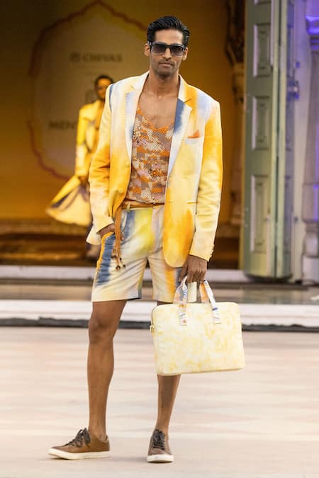 Mandira Wirk Resort Yellow Cotton Designer Mesh Vest With Gold Chunks Online at Aza Fashions Mandira Wirk Resort_Yellow Cotton Designer Mesh Vest With Gold Chunks _Online_at_Aza_Fashions