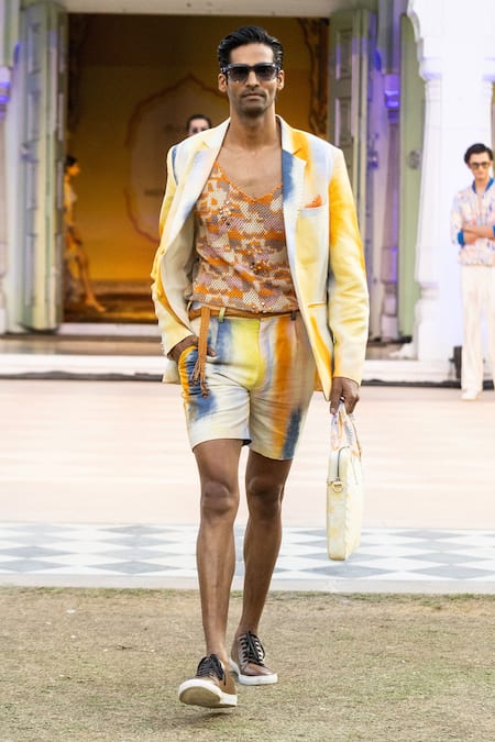 Buy Mandira Wirk Resort Yellow Cotton Designer Mesh Vest With Gold Chunks Online at Aza Fashions Buy_Mandira Wirk Resort_Yellow Cotton Designer Mesh Vest With Gold Chunks _Online_at_Aza_Fashions