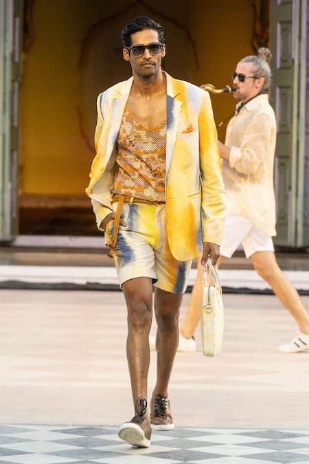 Shop Mandira Wirk Resort Yellow Cotton Designer Mesh Vest With Gold Chunks Online at Aza Fashions Shop_Mandira Wirk Resort_Yellow Cotton Designer Mesh Vest With Gold Chunks _Online_at_Aza_Fashions