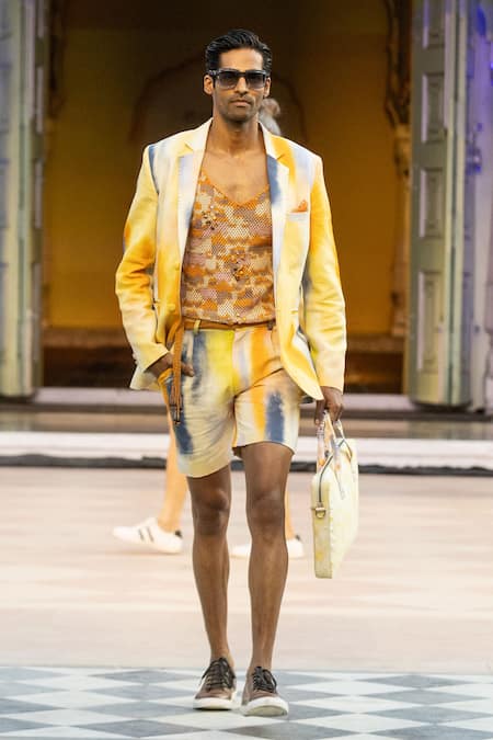 Mandira Wirk Resort Yellow Cotton Designer Mesh Vest With Gold Chunks at Aza Fashions Mandira Wirk Resort_Yellow Cotton Designer Mesh Vest With Gold Chunks _at_Aza_Fashions