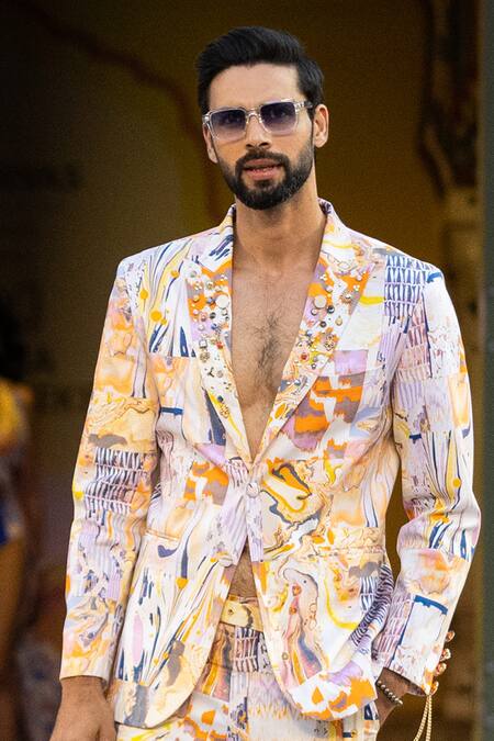 Mandira Wirk Resort_Yellow Cotton Satin Beads Printed Designer Blazer Set _Online_at_Aza_Fashions