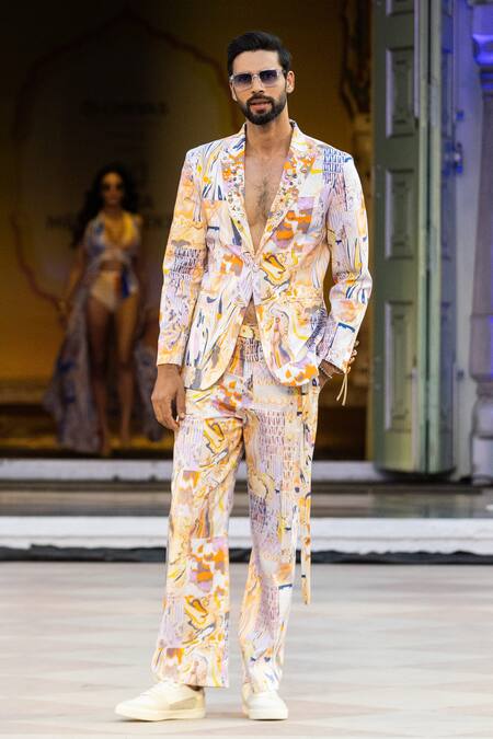 Buy_Mandira Wirk Resort_Yellow Cotton Satin Beads Printed Designer Blazer Set _Online_at_Aza_Fashions