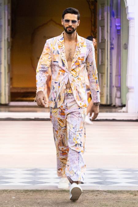 Shop_Mandira Wirk Resort_Yellow Cotton Satin Beads Printed Designer Blazer Set _Online_at_Aza_Fashions