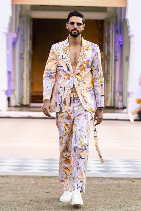 Mandira Wirk Resort_Yellow Cotton Satin Beads Printed Designer Blazer Set _at_Aza_Fashions