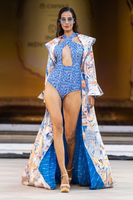 Mandira Wirk Resort Blue Polyester Keyhole Neck Ocean Bodysuit And Cape Set Online at Aza Fashions Mandira Wirk Resort_Blue Polyester Keyhole Neck Ocean Bodysuit And Cape Set _Online_at_Aza_Fashions