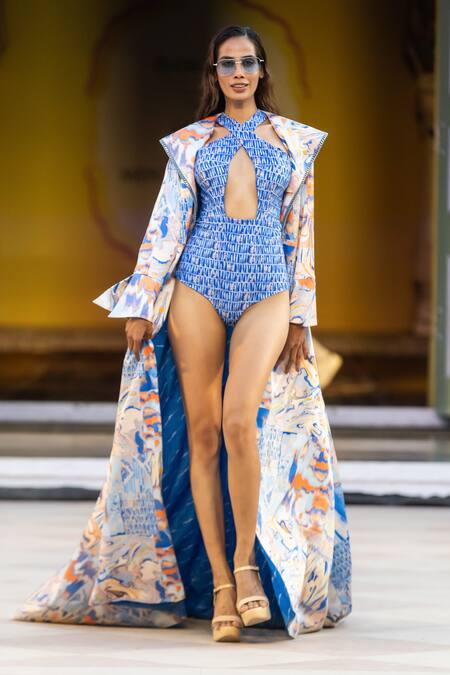 Mandira Wirk Resort_Blue Satin Lapel Collar Jacket _Online_at_Aza_Fashions