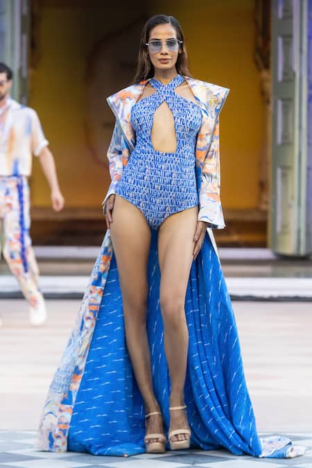 Shop_Mandira Wirk Resort_Blue Satin Lapel Collar Jacket _at_Aza_Fashions