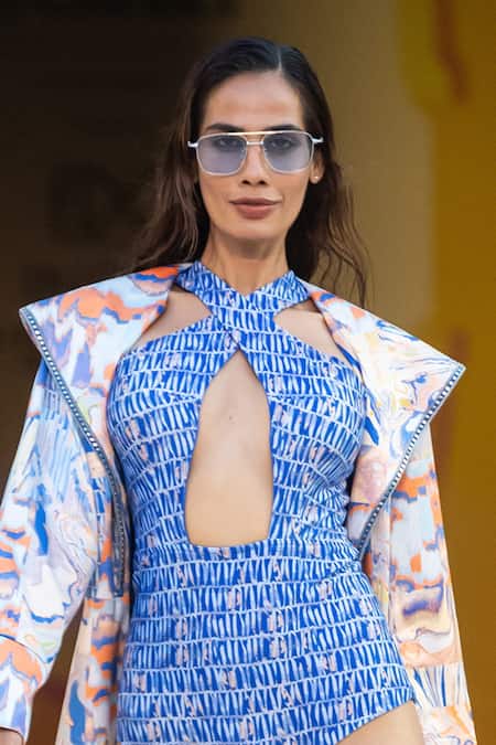 Buy_Mandira Wirk Resort_Blue Satin Lapel Collar Jacket _Online_at_Aza_Fashions