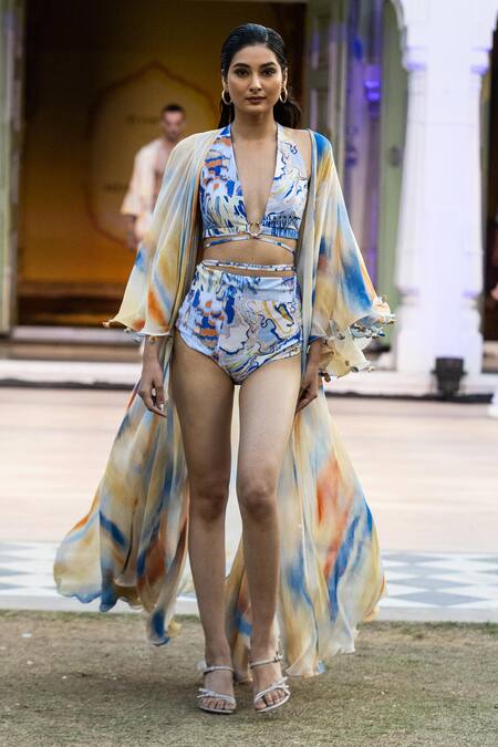 Shop Mandira Wirk Resort Yellow Lycra, Chiffon V-neck Designer Monokini Bodysuit Online at Aza Fashions Shop_Mandira Wirk Resort_Yellow Lycra, Chiffon V-neck Designer Monokini Bodysuit _Online_at_Aza_Fashions