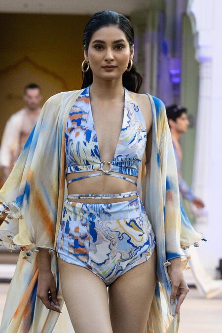 Mandira Wirk Resort Yellow Lycra, Chiffon V-neck Designer Monokini Bodysuit at Aza Fashions Mandira Wirk Resort_Yellow Lycra, Chiffon V-neck Designer Monokini Bodysuit _at_Aza_Fashions