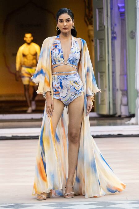 Mandira Wirk Resort Yellow Pom-poms V-neck Printed Strokes Cape Online at Aza Fashions Mandira Wirk Resort_Yellow Pom-poms V-neck Printed Strokes Cape _Online_at_Aza_Fashions