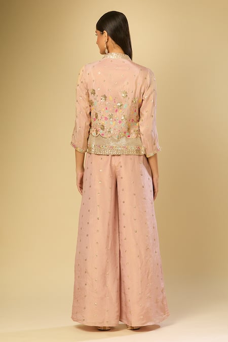 Shop Samyukta Singhania Peach Silk Sequins, Zari Round Neck, Floral Embroidered Jacket Palazzo Set at Aza Fashions Shop_Samyukta Singhania_Peach Silk Sequins, Zari Round Neck, Floral Embroidered Jacket Palazzo Set_at_Aza_Fashions