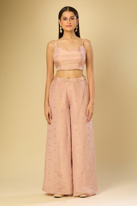 Samyukta Singhania Peach Silk Sequins, Zari Round Neck, Floral Embroidered Jacket Palazzo Set Online at Aza Fashions Samyukta Singhania_Peach Silk Sequins, Zari Round Neck, Floral Embroidered Jacket Palazzo Set_Online_at_Aza_Fashions