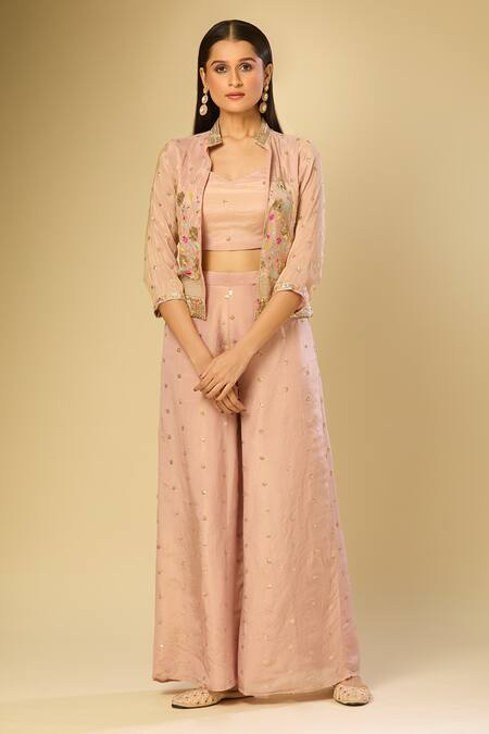 Buy Samyukta Singhania Peach Silk Sequins, Zari Round Neck, Floral Embroidered Jacket Palazzo Set Online at Aza Fashions Buy_Samyukta Singhania_Peach Silk Sequins, Zari Round Neck, Floral Embroidered Jacket Palazzo Set_Online_at_Aza_Fashions