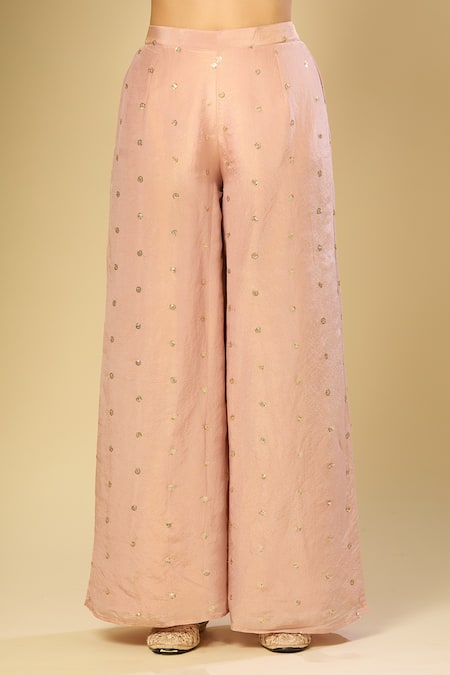 Shop Samyukta Singhania Peach Silk Sequins, Zari Round Neck, Floral Embroidered Jacket Palazzo Set Online at Aza Fashions Shop_Samyukta Singhania_Peach Silk Sequins, Zari Round Neck, Floral Embroidered Jacket Palazzo Set_Online_at_Aza_Fashions