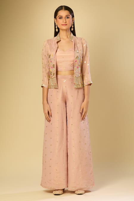Samyukta Singhania Peach Silk Sequins, Zari Round Neck, Floral Embroidered Jacket Palazzo Set at Aza Fashions Samyukta Singhania_Peach Silk Sequins, Zari Round Neck, Floral Embroidered Jacket Palazzo Set_at_Aza_Fashions