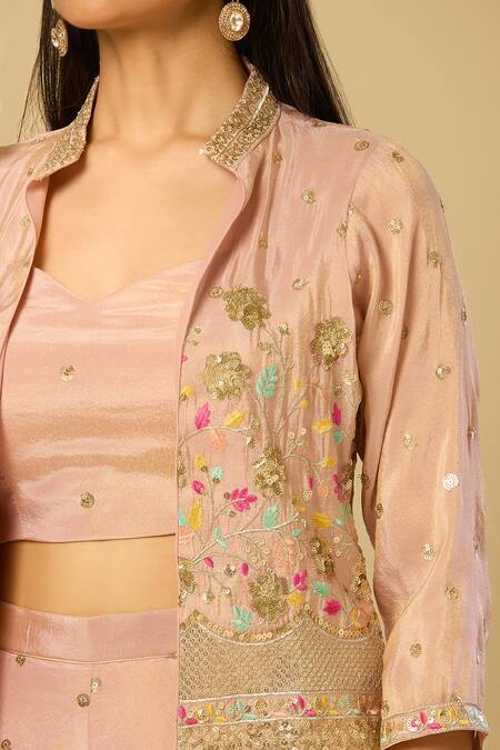 Buy Samyukta Singhania Peach Silk Sequins, Zari Round Neck, Floral Embroidered Jacket Palazzo Set Buy_Samyukta Singhania_Peach Silk Sequins, Zari Round Neck, Floral Embroidered Jacket Palazzo Set