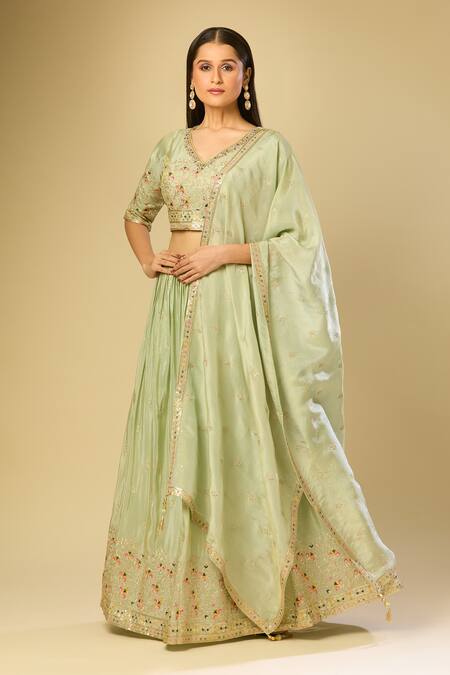 Samyukta Singhania_Green Silk Embroidery, Zari, Sequins V-neck Floral Lehenga Set_Online_at_Aza_Fashions