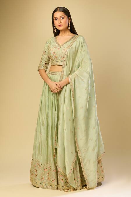Shop_Samyukta Singhania_Green Silk Embroidery, Zari, Sequins V-neck Floral Lehenga Set