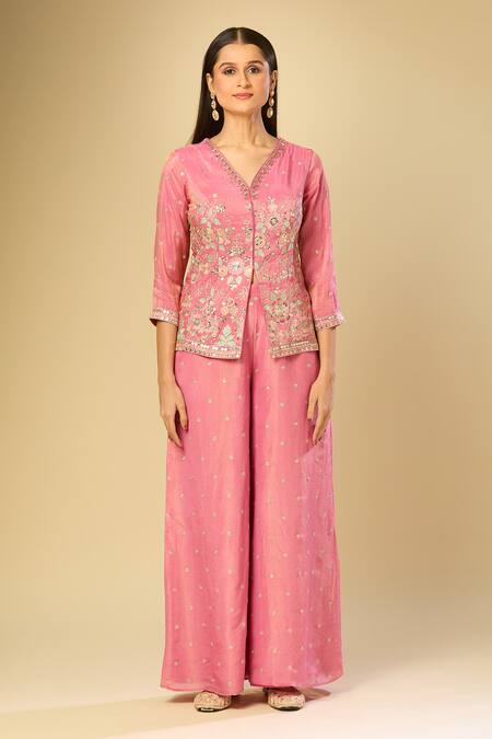 Samyukta Singhania Pink Cotton, Chiffon Embroidery, Zari V-neck Floral Tunic Palazzo Set Online at Aza Fashions Samyukta Singhania_Pink Cotton, Chiffon Embroidery, Zari V-neck Floral Tunic Palazzo Set_Online_at_Aza_Fashions