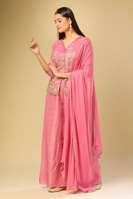 Buy Samyukta Singhania Pink Cotton, Chiffon Embroidery, Zari V-neck Floral Tunic Palazzo Set Online at Aza Fashions Buy_Samyukta Singhania_Pink Cotton, Chiffon Embroidery, Zari V-neck Floral Tunic Palazzo Set_Online_at_Aza_Fashions