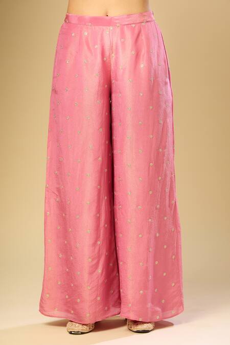 Shop Samyukta Singhania Pink Cotton, Chiffon Embroidery, Zari V-neck Floral Tunic Palazzo Set Online at Aza Fashions Shop_Samyukta Singhania_Pink Cotton, Chiffon Embroidery, Zari V-neck Floral Tunic Palazzo Set_Online_at_Aza_Fashions