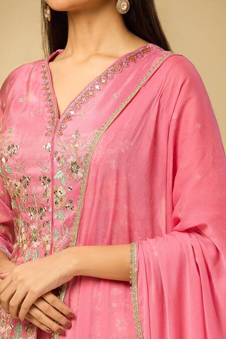 Buy Samyukta Singhania Pink Cotton, Chiffon Embroidery, Zari V-neck Floral Tunic Palazzo Set Buy_Samyukta Singhania_Pink Cotton, Chiffon Embroidery, Zari V-neck Floral Tunic Palazzo Set