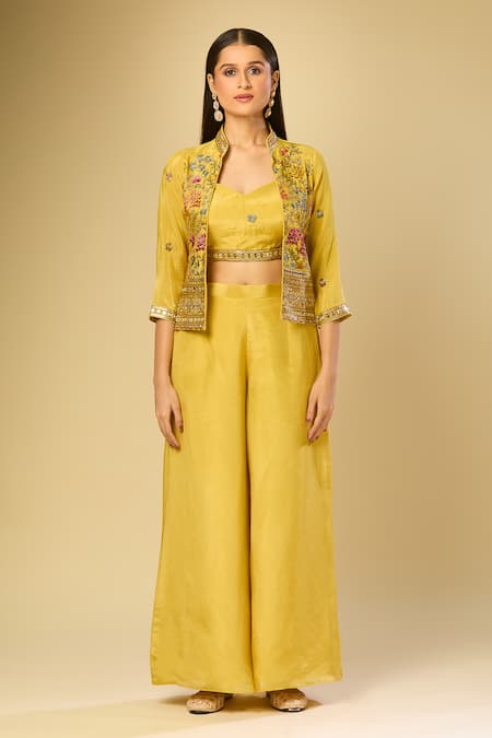 Samyukta Singhania_Yellow Embroidery Collared, Scoop Neck Jacket Palazzo Set_Online_at_Aza_Fashions
