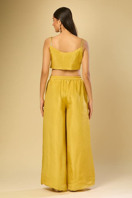 Buy_Samyukta Singhania_Yellow Embroidery Collared, Scoop Neck Jacket Palazzo Set_Online_at_Aza_Fashions