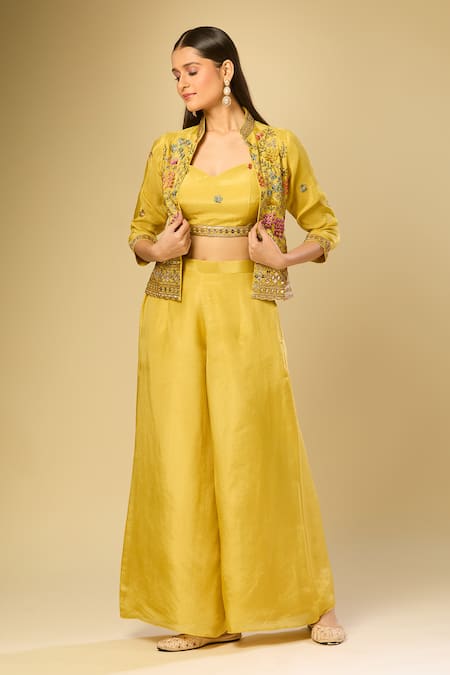 Shop_Samyukta Singhania_Yellow Embroidery Collared, Scoop Neck Jacket Palazzo Set_Online_at_Aza_Fashions