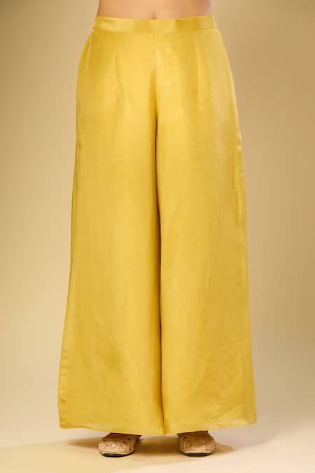 Samyukta Singhania_Yellow Embroidery Collared, Scoop Neck Jacket Palazzo Set_at_Aza_Fashions