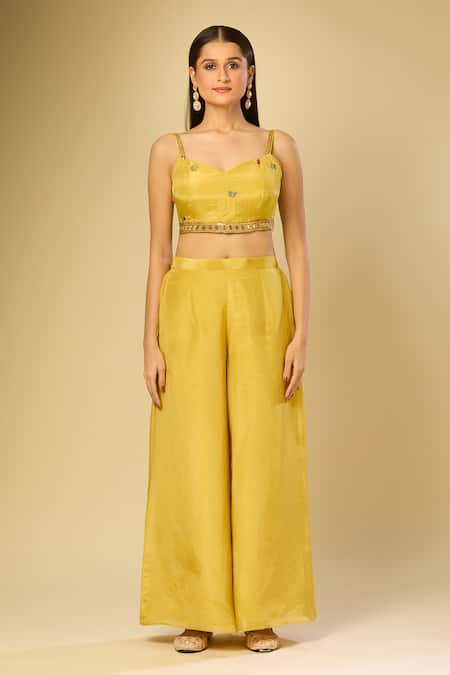 Buy_Samyukta Singhania_Yellow Embroidery Collared, Scoop Neck Jacket Palazzo Set