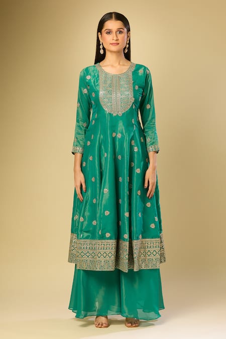 Shop Samyukta Singhania Green Chiffon, Silk Zari Round Neck Floral Embroidered Anarkali Set Online at Aza Fashions Shop_Samyukta Singhania_Green Chiffon, Silk Zari Round Neck Floral Embroidered Anarkali Set_Online_at_Aza_Fashions