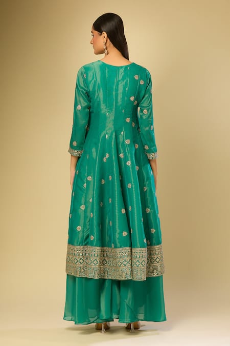 Shop Samyukta Singhania Green Chiffon, Silk Zari Round Neck Floral Embroidered Anarkali Set at Aza Fashions Shop_Samyukta Singhania_Green Chiffon, Silk Zari Round Neck Floral Embroidered Anarkali Set_at_Aza_Fashions