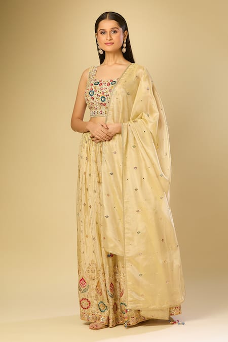 Samyukta Singhania_Beige Silk, Chiffon Sequins, Embroidery Square Neck Floral Vine Lehenga Set_Online_at_Aza_Fashions