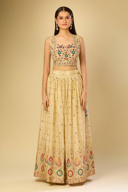 Buy_Samyukta Singhania_Beige Silk, Chiffon Sequins, Embroidery Square Neck Floral Vine Lehenga Set_Online_at_Aza_Fashions
