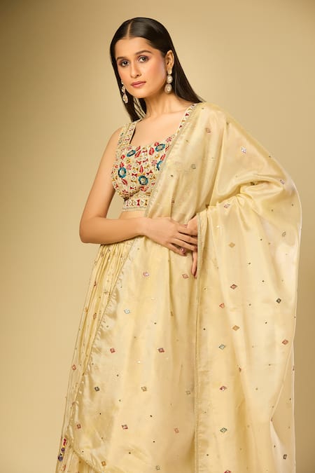 Shop_Samyukta Singhania_Beige Silk, Chiffon Sequins, Embroidery Square Neck Floral Vine Lehenga Set_Online_at_Aza_Fashions